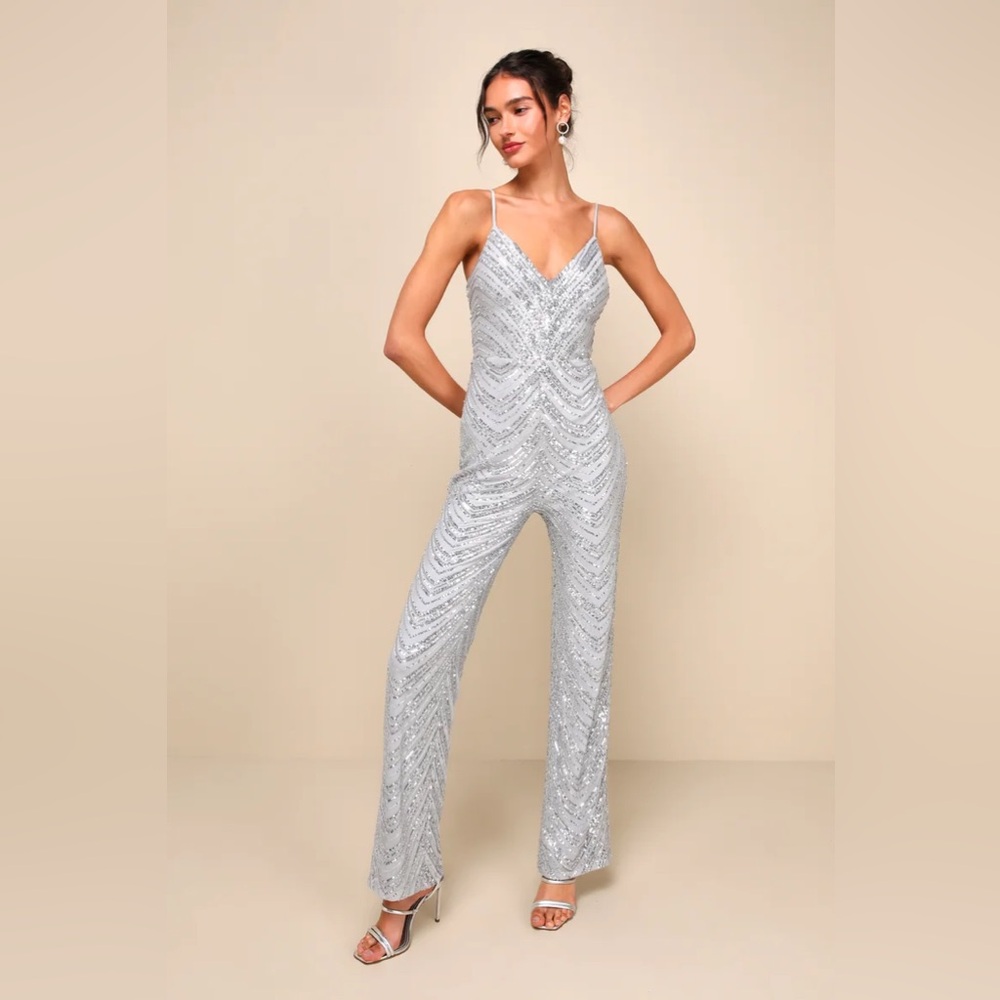 Lulus Outstanding Glow Silver Sequin Sleeveless Straight Leg Jumpsuit Small